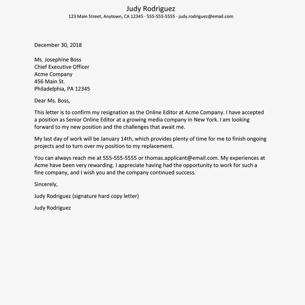 Captura de pantalla de una carta de renuncia con un agradecimiento