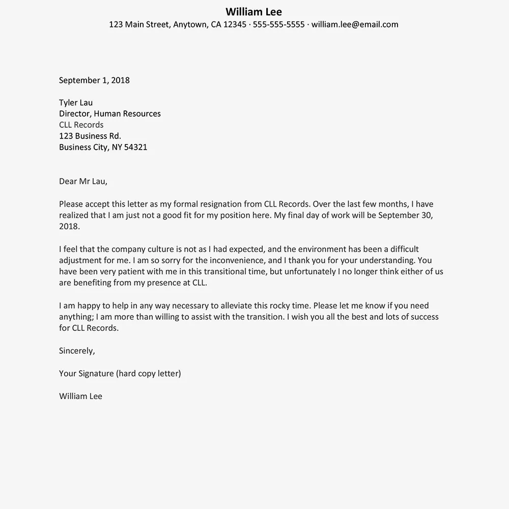 Captura de pantalla de una carta de renuncia para un trabajo que no es adecuado