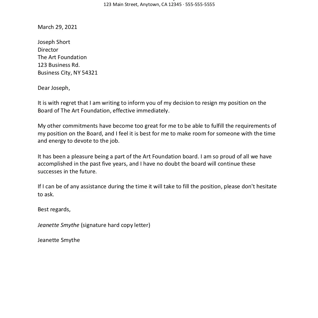Captura de pantalla de un ejemplo de carta de renuncia a la junta