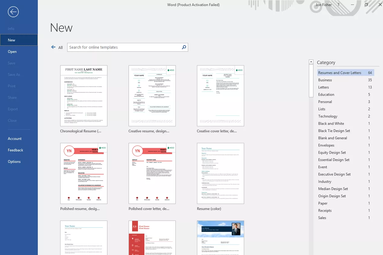 Captura de pantalla que muestra cómo buscar y abrir una plantilla de carta de presentación en Word
