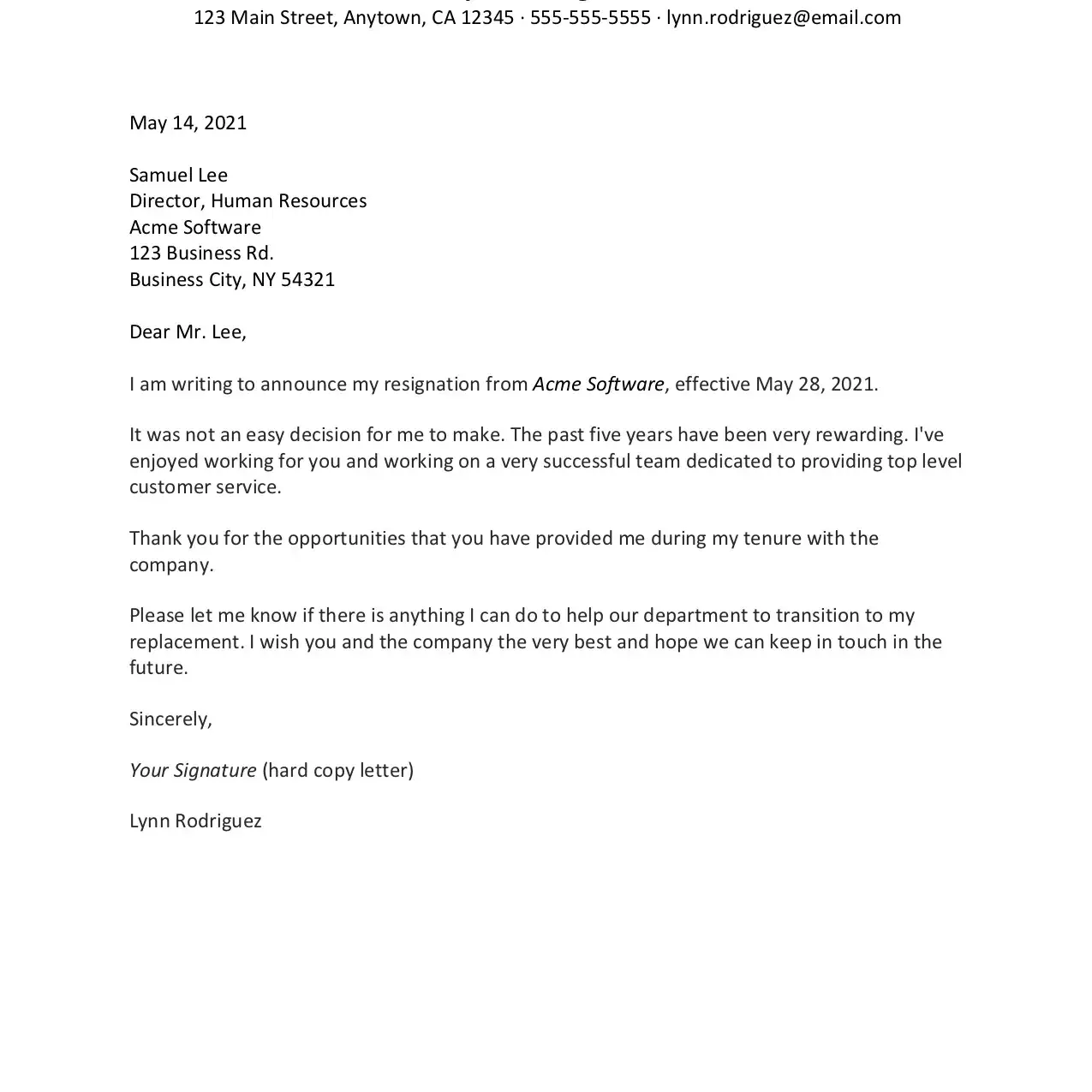 Captura de pantalla de una carta de intención de muestra de renuncia