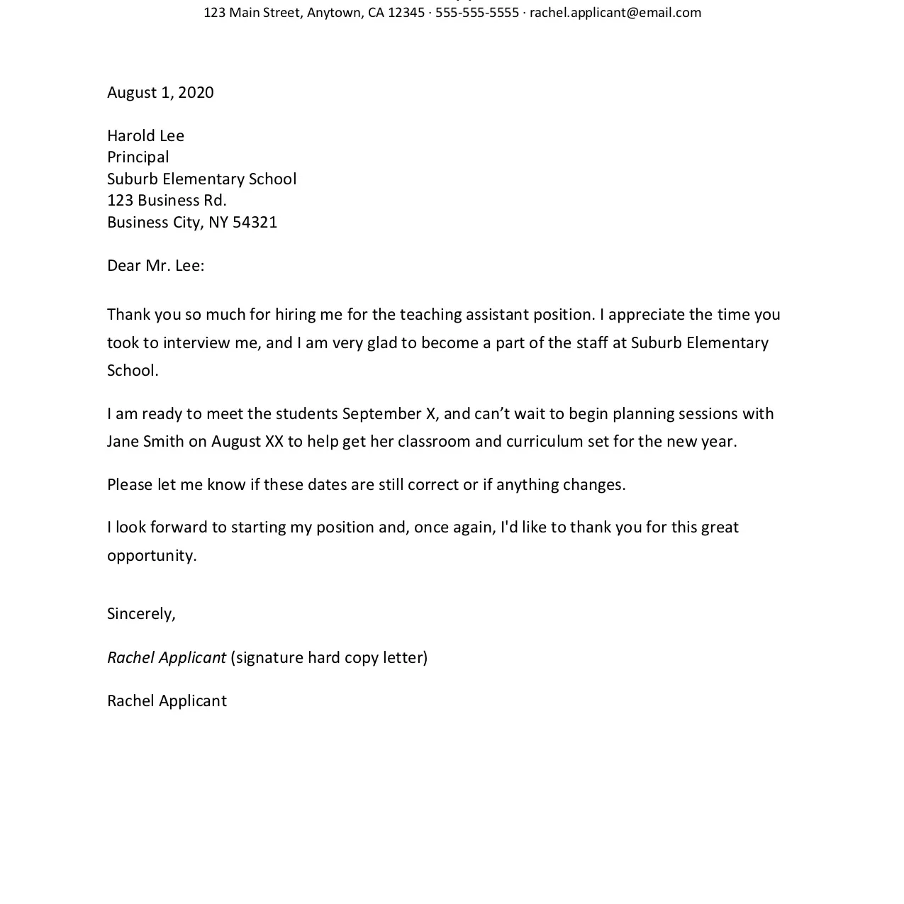 Captura de pantalla de un ejemplo de carta de agradecimiento de oferta de trabajo