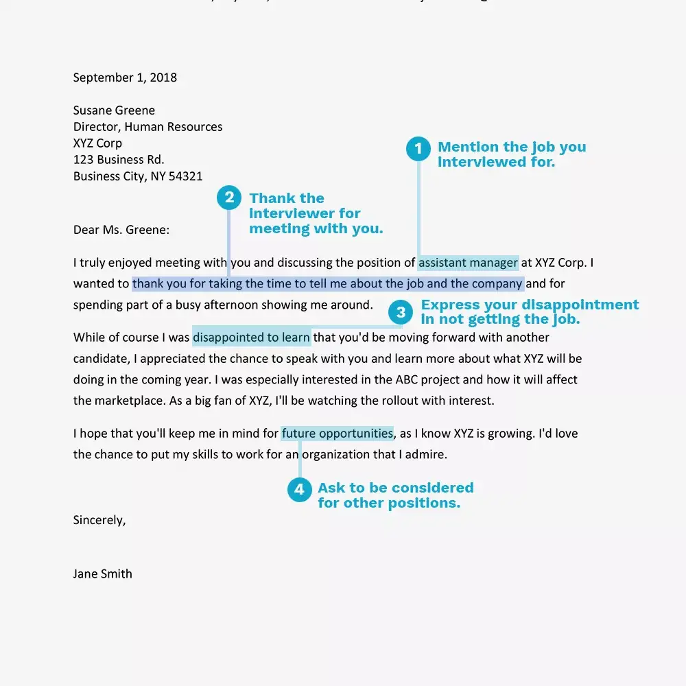 Captura de pantalla de una carta de agradecimiento por no conseguir el trabajo