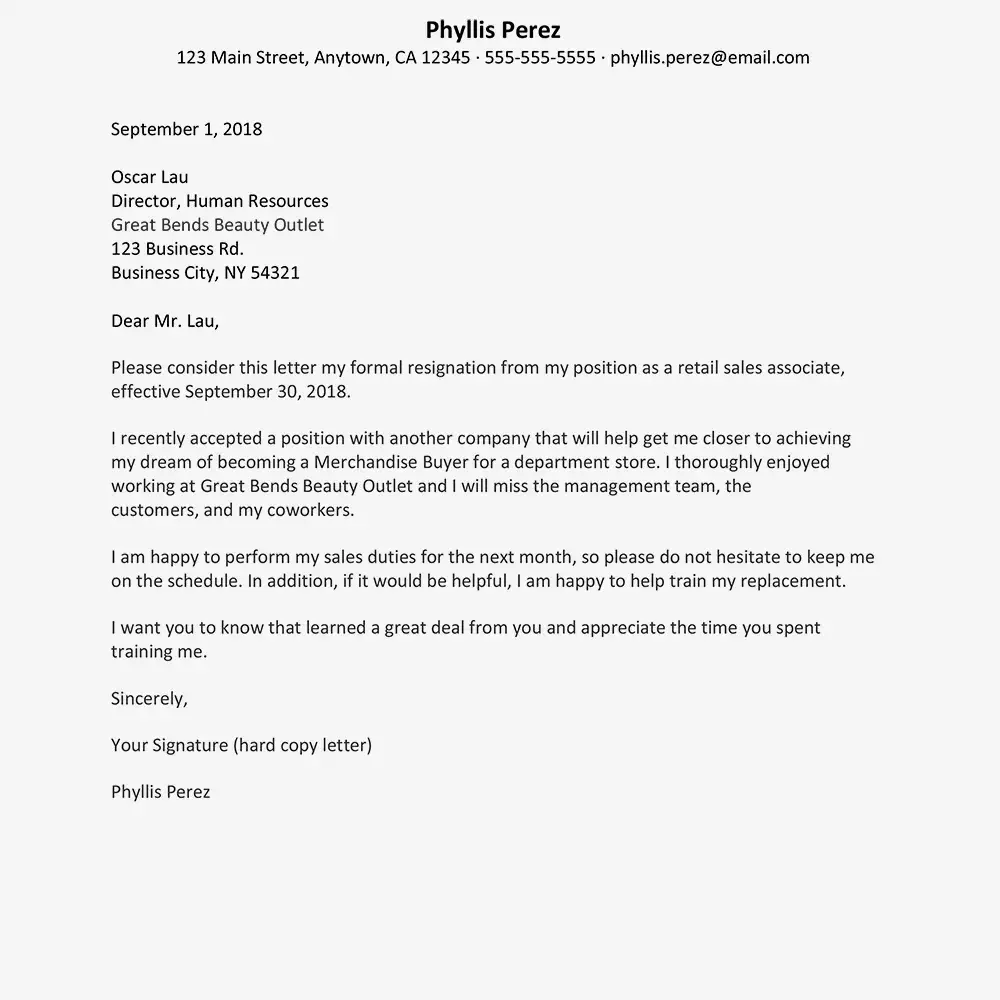 Captura de pantalla de una carta de renuncia de muestra para un puesto minorista