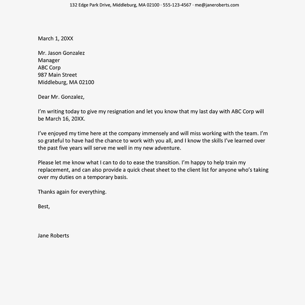 Captura de pantalla de un ejemplo de carta de renuncia