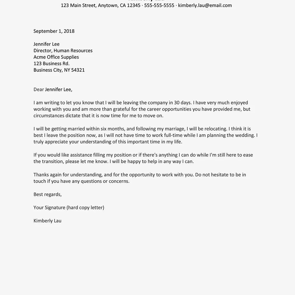 Captura de pantalla de una carta de renuncia de muestra
