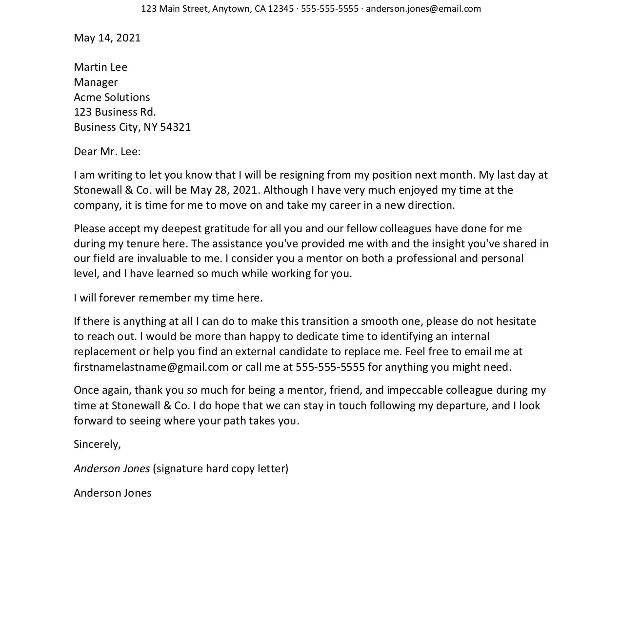 Captura de pantalla de una carta de renuncia sincera y agradecida