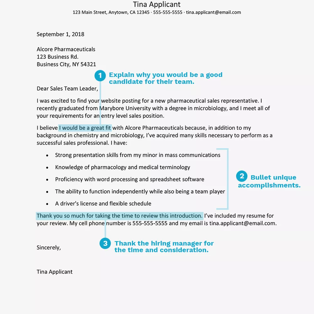 Captura de pantalla de un ejemplo de carta de presentación para un trabajo de ventas o marketing