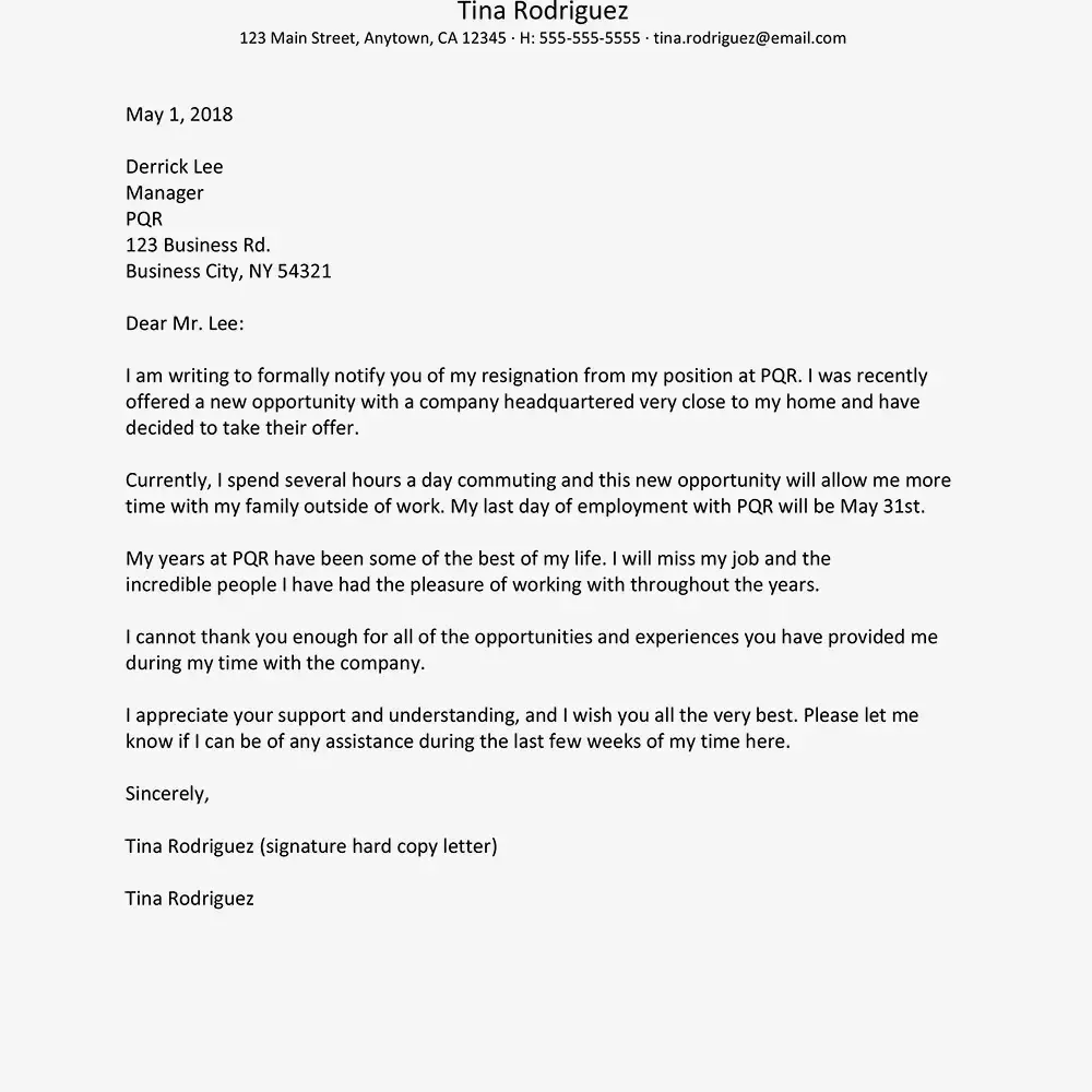 Captura de pantalla de una muestra de carta de renuncia para una nueva oportunidad laboral