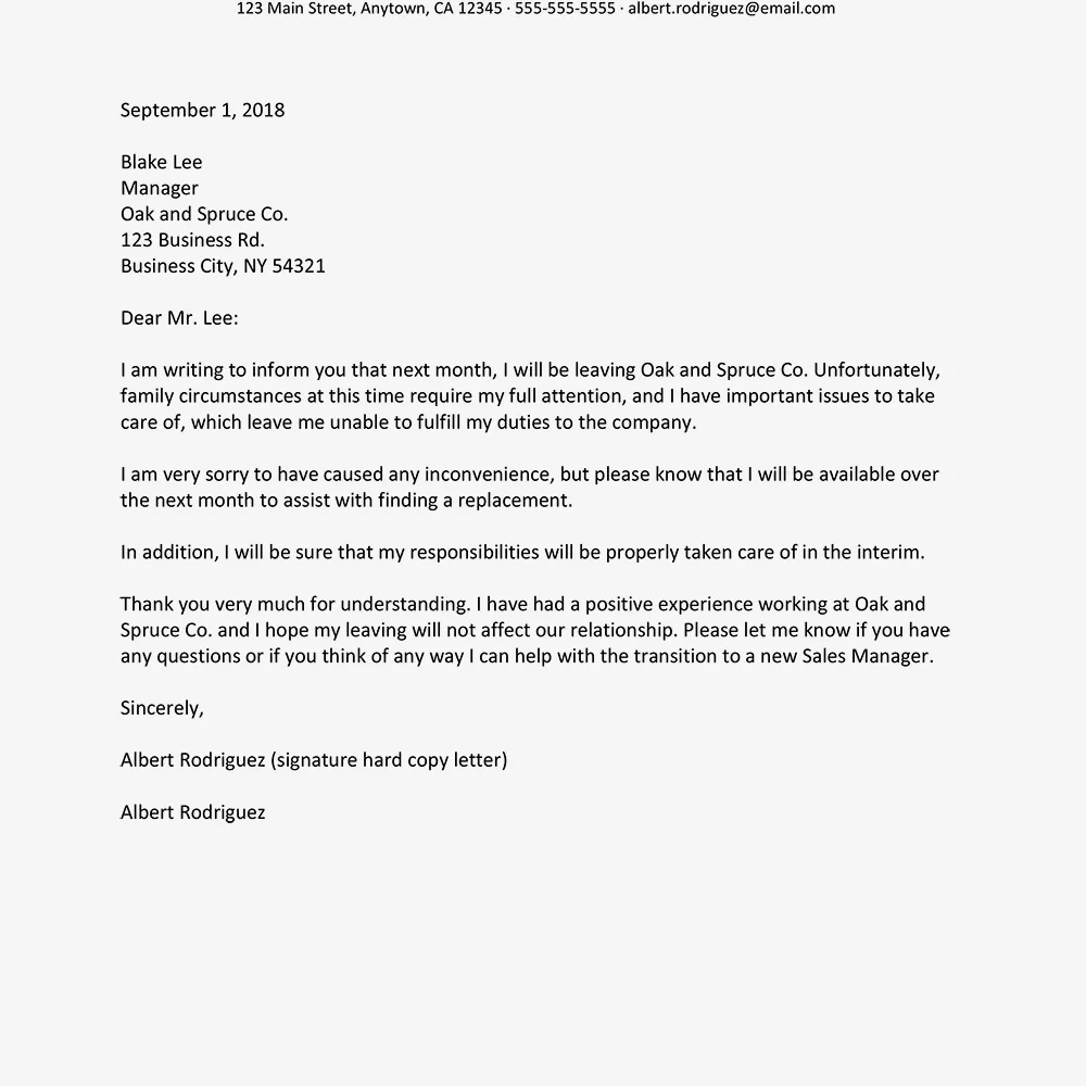Captura de pantalla de una muestra de carta de renuncia por motivos familiares