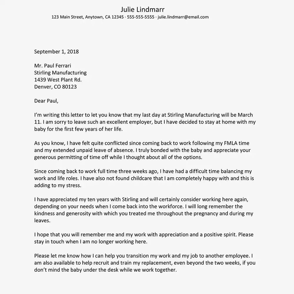 Captura de pantalla de una carta de renuncia de un empleado por dejar de cuidar a un niño