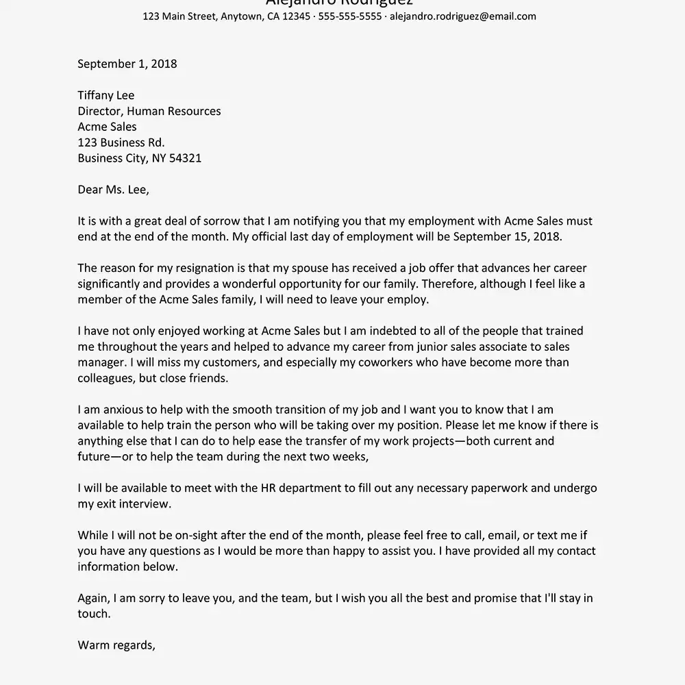 Captura de pantalla de una carta de renuncia para la reubicación del cónyuge