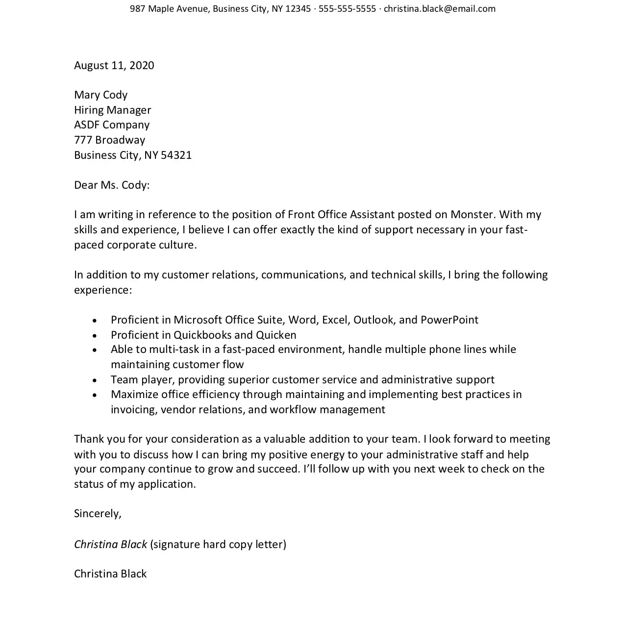 Captura de pantalla de un ejemplo de carta de solicitud de empleo