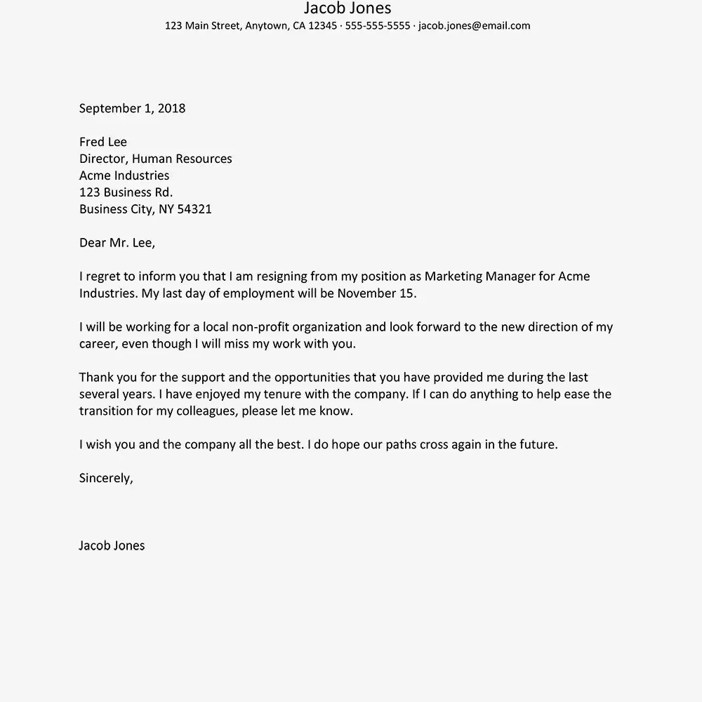 Captura de pantalla de un ejemplo de carta de renuncia por cambio de carrera
