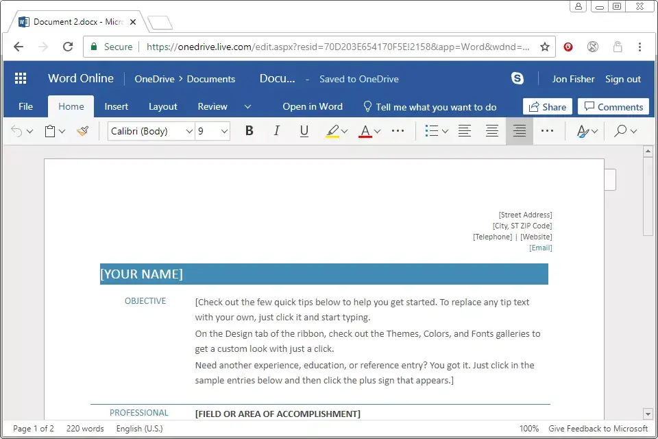 Captura de pantalla de una plantilla de currículum en línea de Microsoft