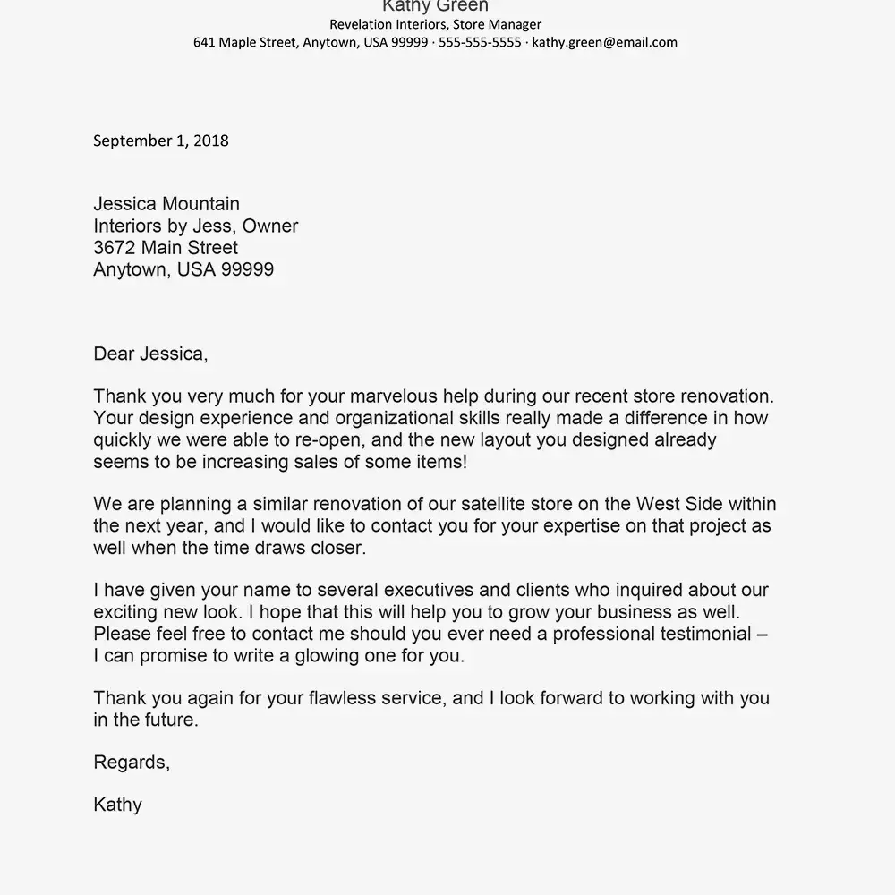 Captura de pantalla de un ejemplo de carta de agradecimiento empresarial