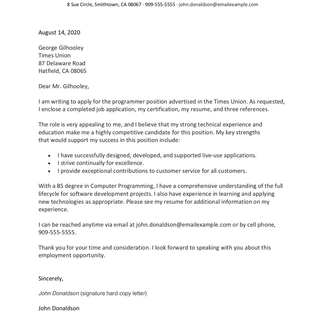 Captura de pantalla de una carta de solicitud de empleo de muestra