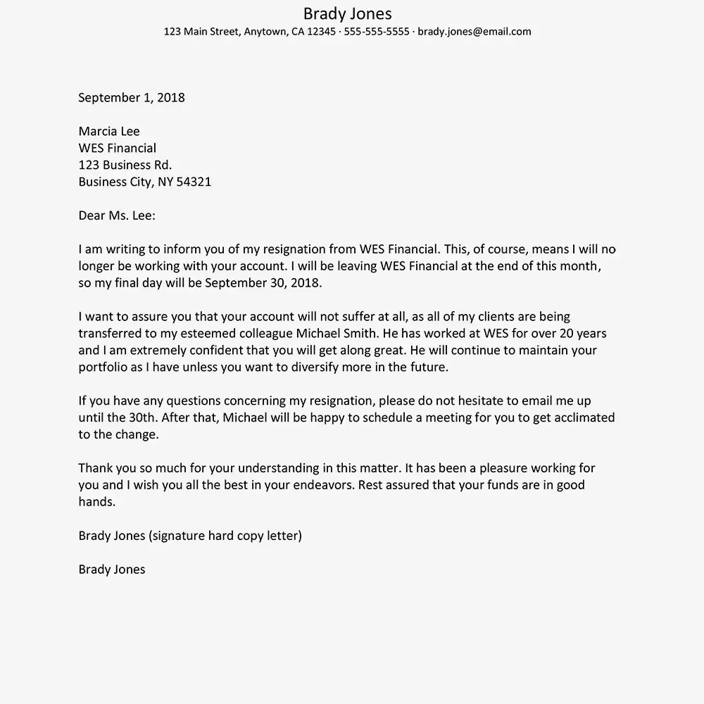 Captura de pantalla de una carta de renuncia de muestra para contratistas y clientes