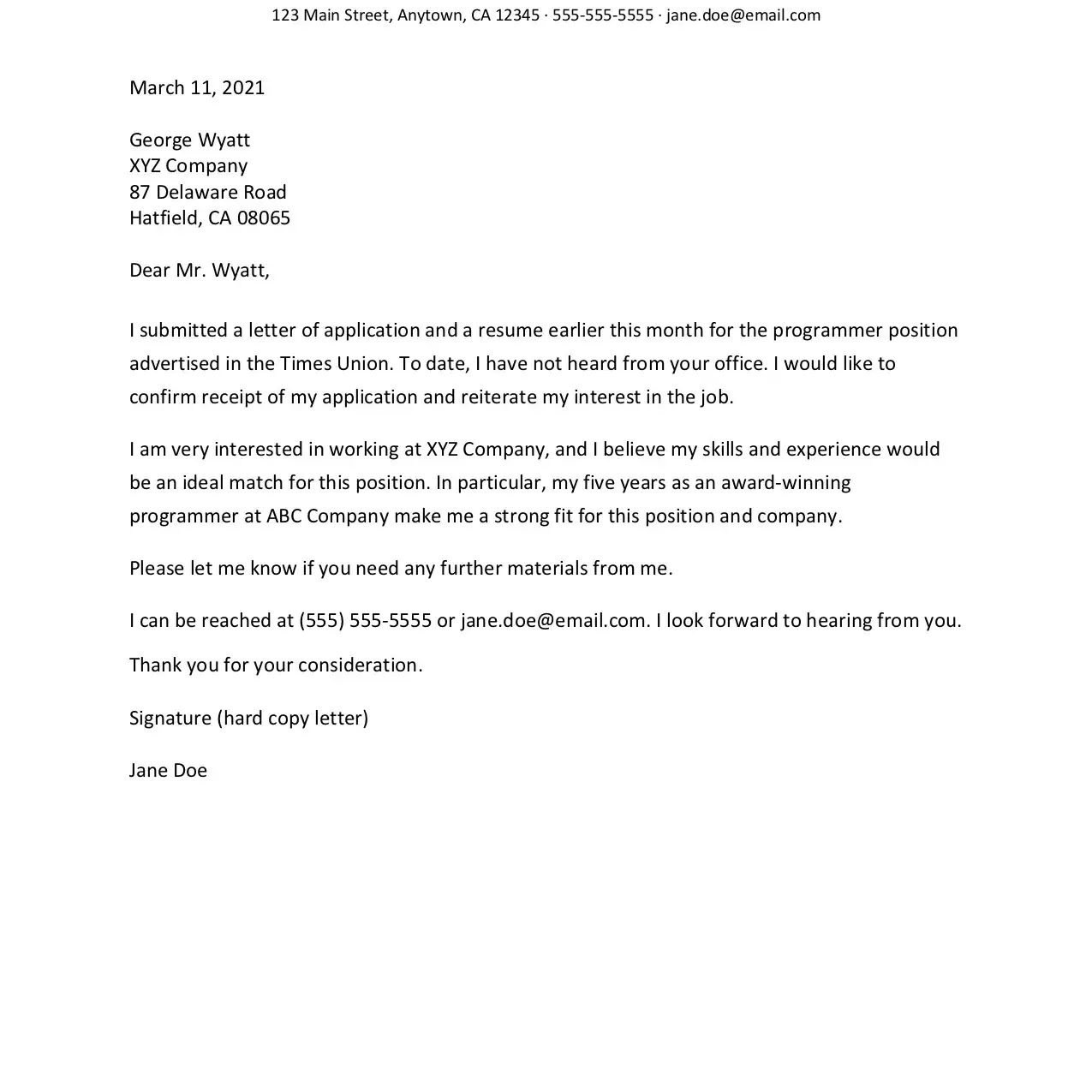 Captura de pantalla de un ejemplo de carta de seguimiento de solicitud de empleo