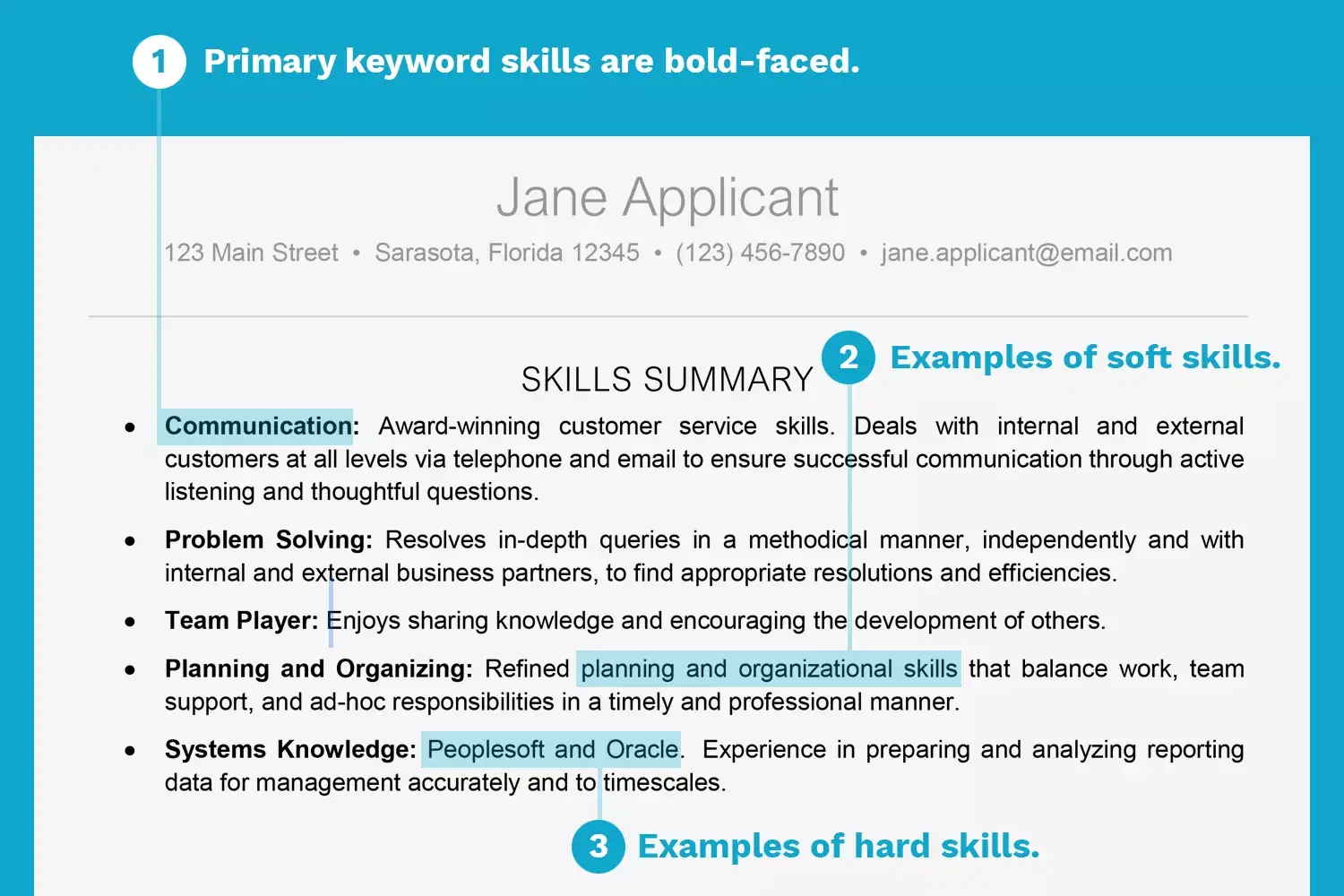 Captura de pantalla de una sección de habilidades clave del currículum